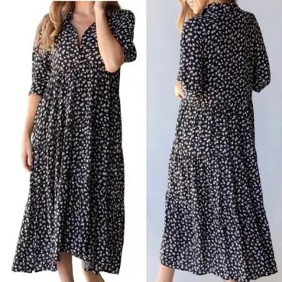 NATURAL LIFE Dresses & Skirts - Natural Life Rebecca Midi Dress Womens S Black Ditsy Floral Tiered Button Front